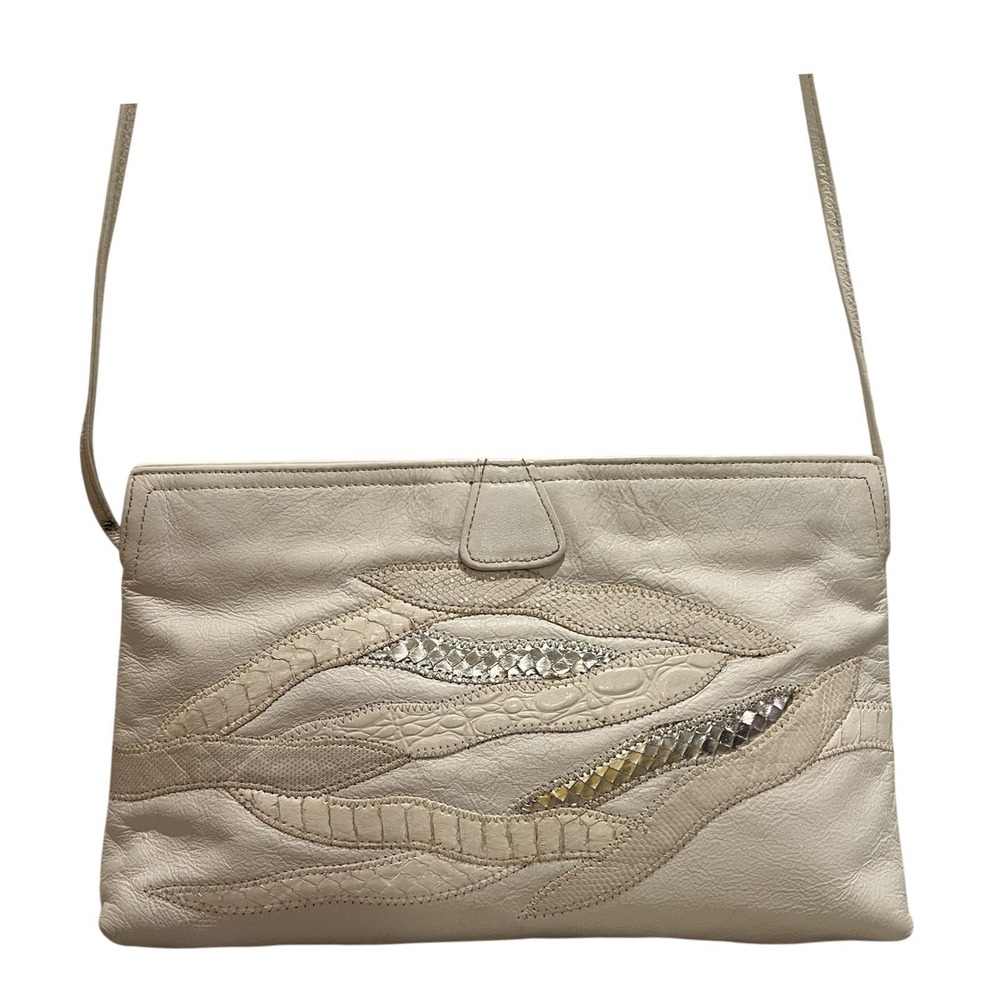 VTG Venetto White Leather & Snakeskin Bag Clutch Crossbody USA 80's Boho Hinge